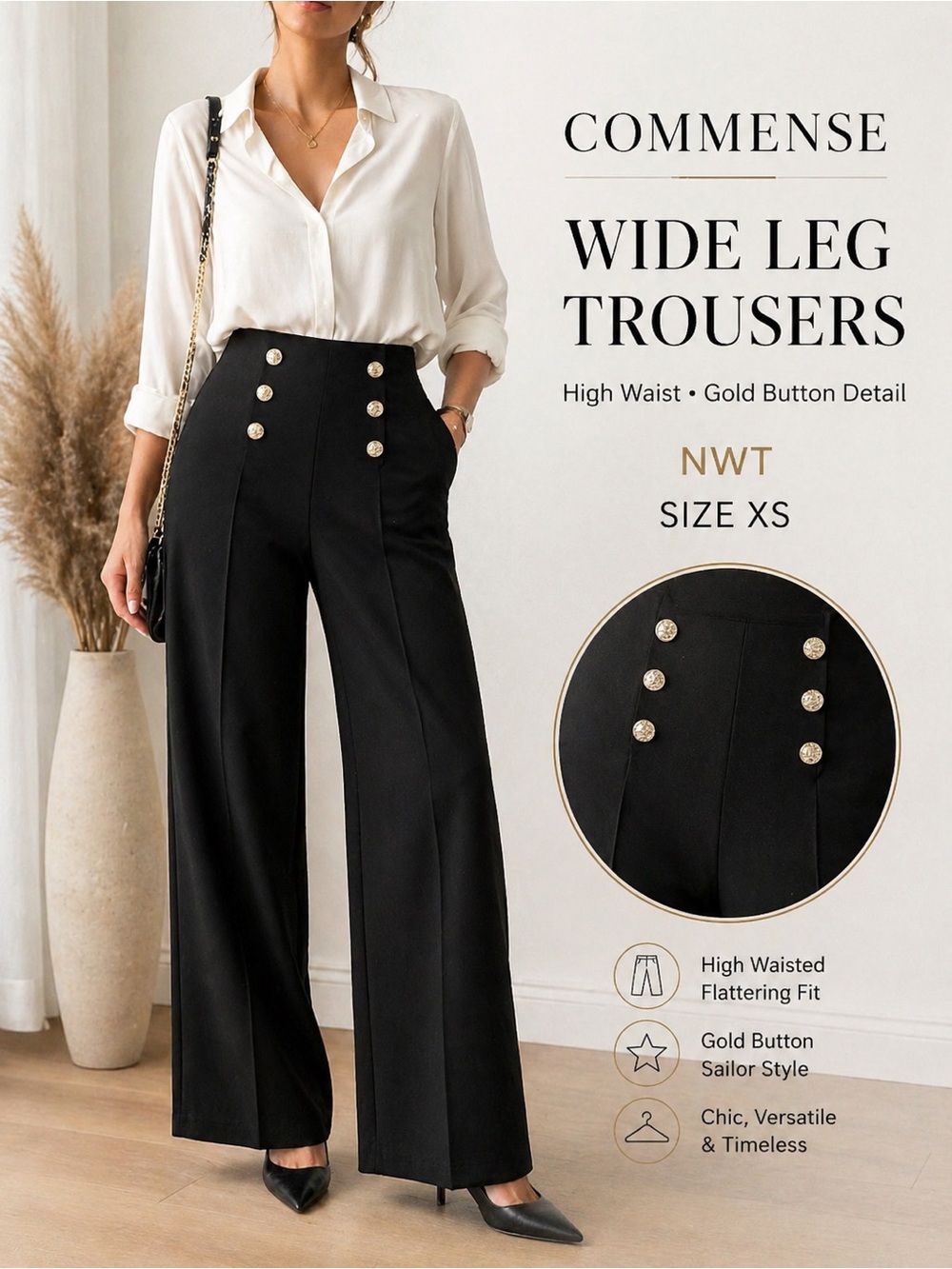 Commense Wide Leg Trousers XS Black High Waist Gold Sailor Pants NWT (0617)